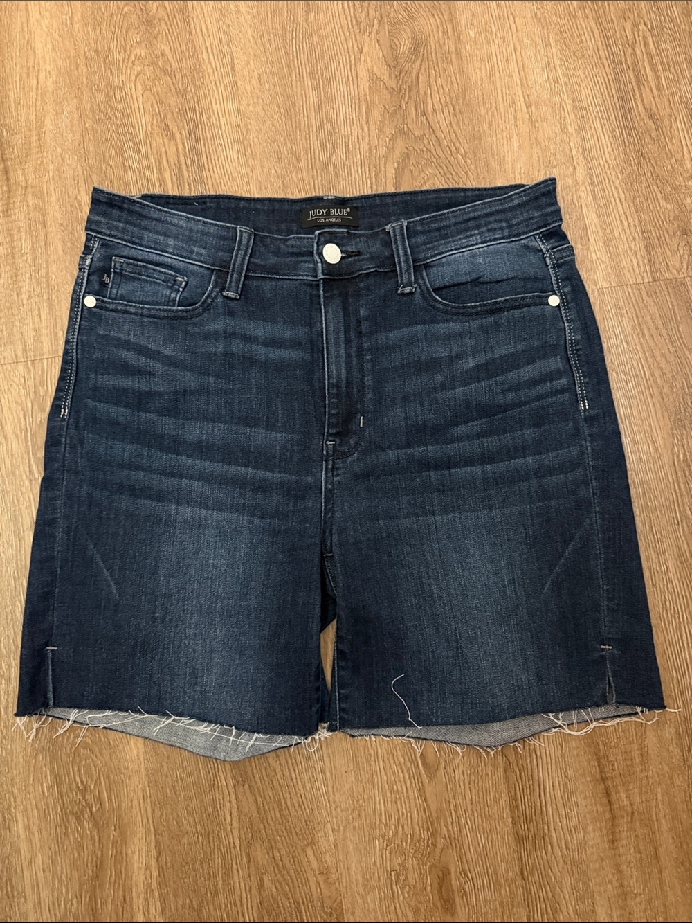 Judy Blue Dark Indigo High-Rise Flat Front Frayed Hem Denim Bermuda Shorts